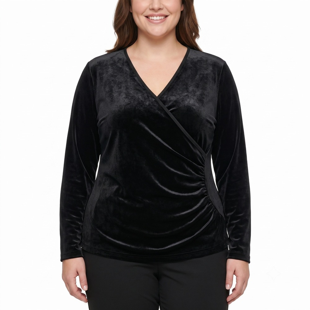 Jon Den Womens XL Black Velvet Faux‎ Wrap Ruched Long Sleeve V-Neck Top